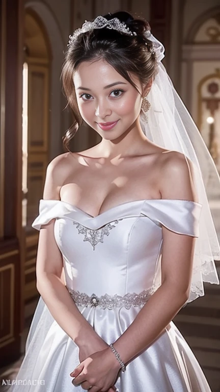 Young girl in wedding dress and updo, Off-shoulder neckline, and a long veil. her face is young and innocent, Looks like a . She looks at the camera with a playful expression. Detailed artwork with vivid illustrations, Realistic colors, Capture every detail. The medium of digital painting, Guaranteed best quality and high resolution (4K or 8K). soft and romantic lighting, creating a dream-like atmosphere. The overall color is warm and gentle................, Highlight the joy and beauty of your wedding scene.frontage、full body Esbian、A smile