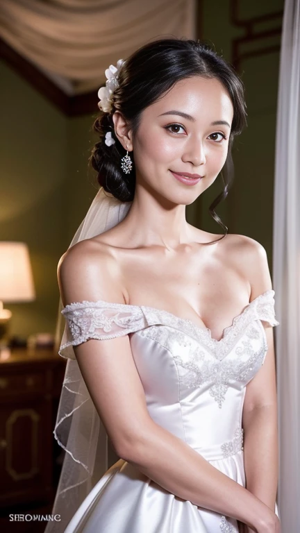 Young girl in wedding dress and updo, Off-shoulder neckline, and a long veil. her face is young and innocent, Looks like a . She looks at the camera with a playful expression. Detailed artwork with vivid illustrations, Realistic colors, Capture every detail. The medium of digital painting, Guaranteed best quality and high resolution (4K or 8K). soft and romantic lighting, creating a dream-like atmosphere. The overall color is warm and gentle................, Highlight the joy and beauty of your wedding scene.frontage、full body Esbian、A smile