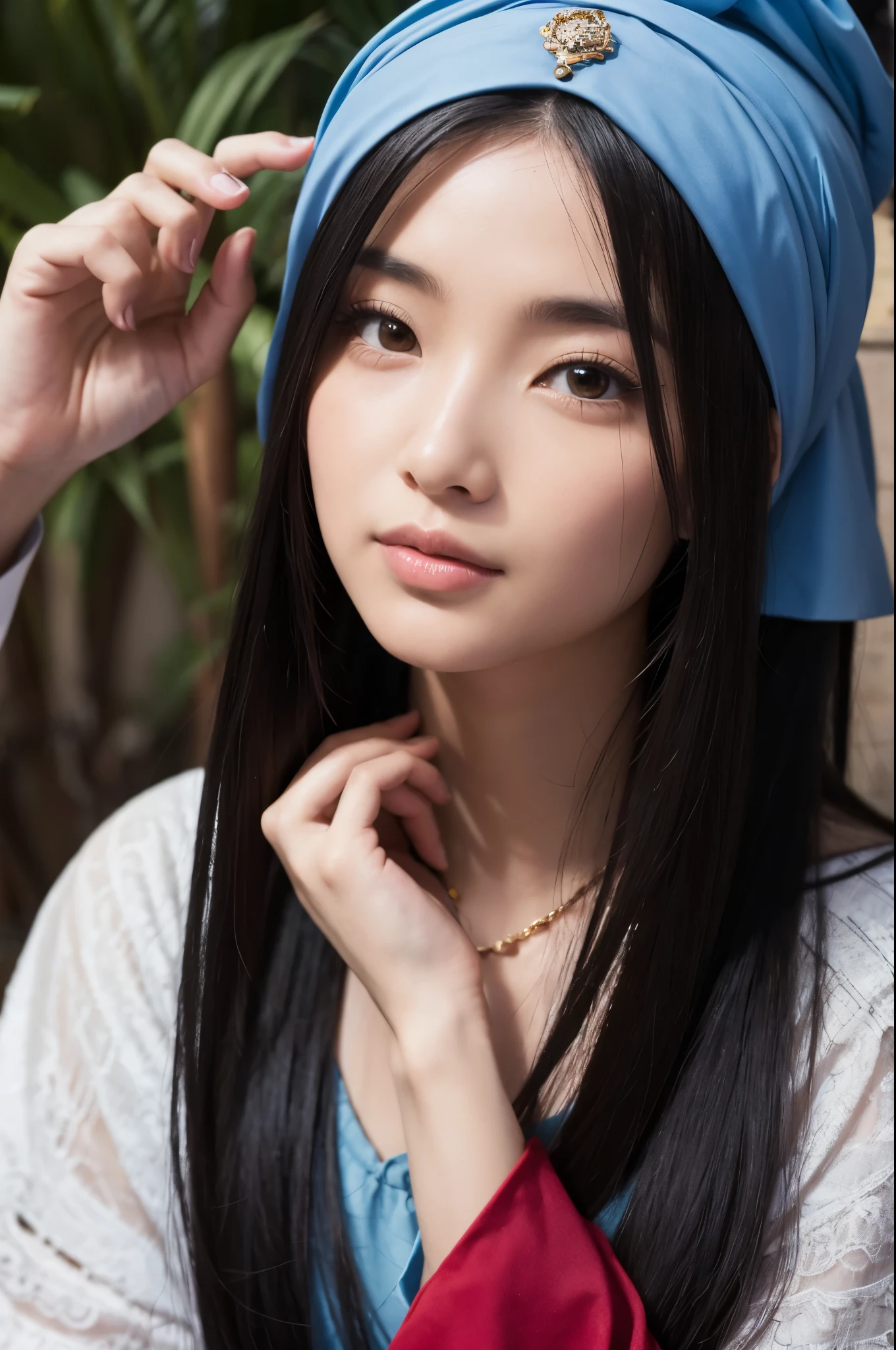 A slightly suspicious fortune teller, a woman with long black hair