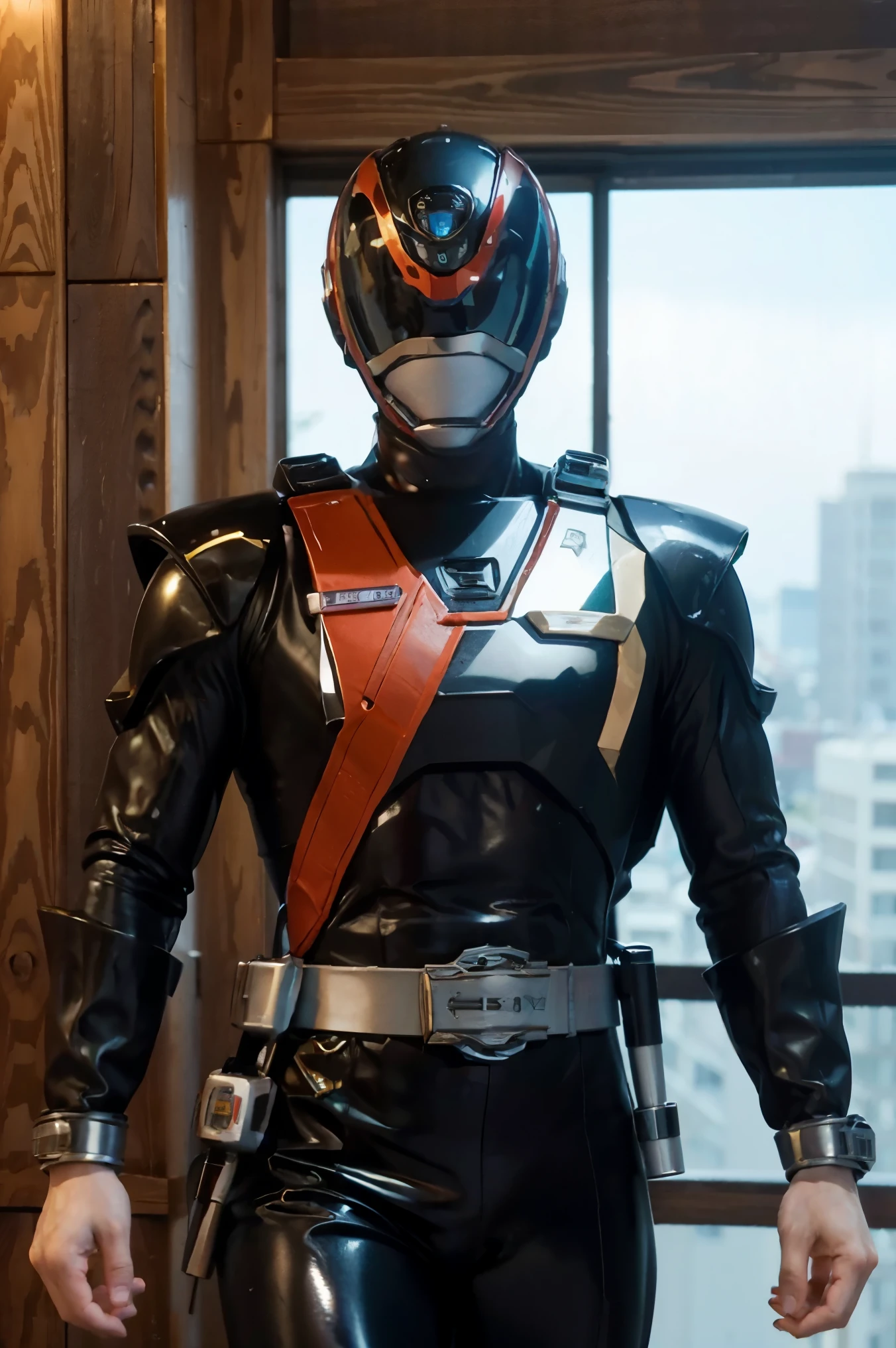 Fantasy background, cafe rpg style, empty chair, table, set of tea glass, (power rangers)), One guy、, ((black ranger suit)), red and blue chest armor with gold details, costume, Solo, ((fit figure)), (Anatomically correct), Cowboy shot, masked face, guns, muscular build