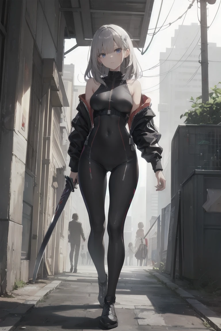 (masterpiece), highest quality, A tight-fitting suit that shows off your body lines、Woman Holding a Sword、Futuristic buildings、corridor