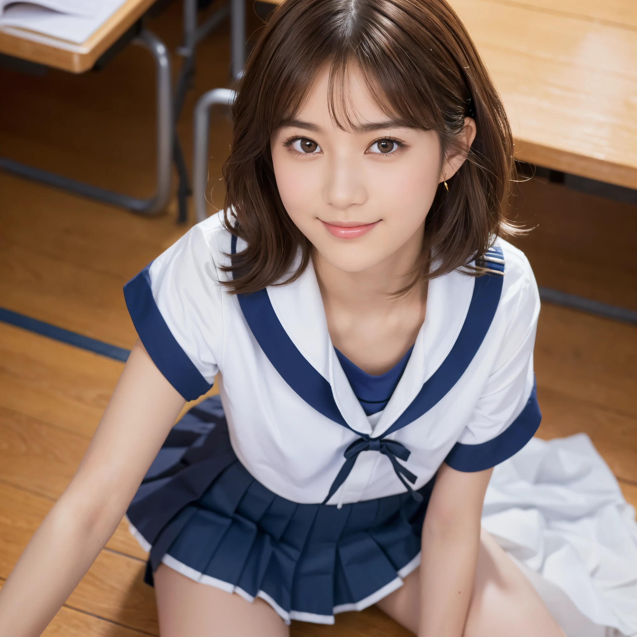 (1 Sexy Woman, Solo, Brown Hair, Short Hair, Wavy Hair, Sailor Uniform, High School Student, Smile:1.4), top-quality, ultra-detailliert, masterpiece, realisitic, Photo Real, Bright lighting, 1 girl in, (kawaii:1.2), (Detailed Eyes, Beautiful Legs, Beautiful Eyes, glossy lip, cleavage:1.2), (From Side, Cowboy Shot:1.2), (Short sleeve uniform white shirt, Mini Pleated Skirt, White knee stockings), (Extremely-Close-up, From above:1.3), (Summer, School, Classroom:1.3), ((anatomically correct)), (Futuristic Portrait), during daytime, The beginning of a romantic love, 1 girl only, (Most emphasize the body line:1.1), In the morning, Shining ultra high resolution beautiful skin, Rim Lighting, Cinematic Light, Look at viewer, no futuro telhado de luz neon, SSCI - FI e Fantasia, intrincado e muito bonito e elegante, altamente detalhado, pintura digital, art-station, arte conceitual, smooth and sharp focus, illustration, Arte de Tan Zi e Ayanamikodon e Alphonse Mucha e Wlop
