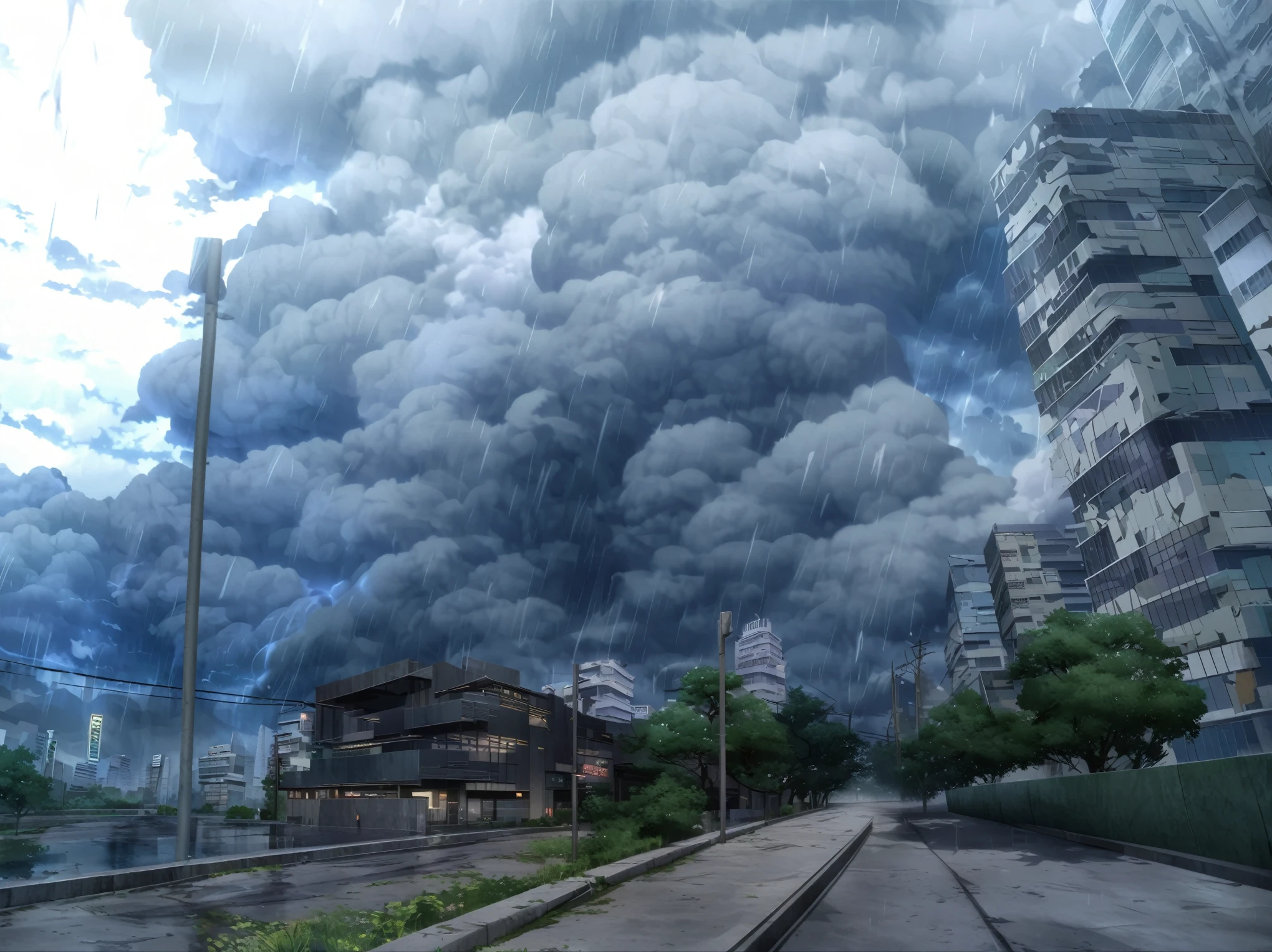 anime aestetics, anime landscape, view of a city street with a cloudy sky, gloomy weather. detailed clouds, high quality, with dark clouds in the sky, against a stormy sky, with ominous storm clouds, storm in the background, in the background a thunderstorm, stormclouds, stormy wheater, ominous skies, ominous clouds, cloudy weather, storm clouds in the background, ominous sky, city scape, 