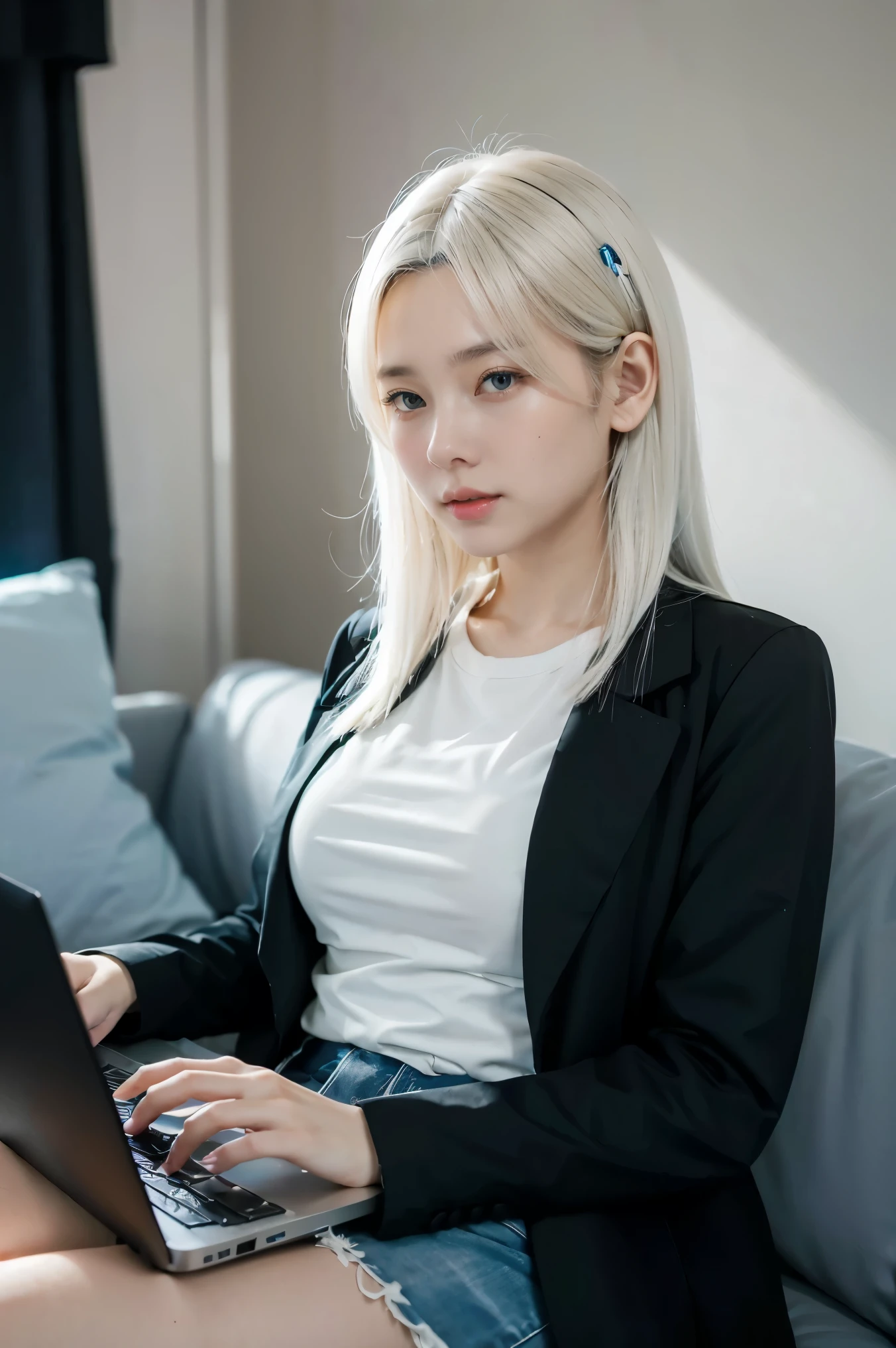 A young lady sitting fiddling with his laptop with white hair a black T-shirt with Blue overcoat, His power is technology, Semi-realism