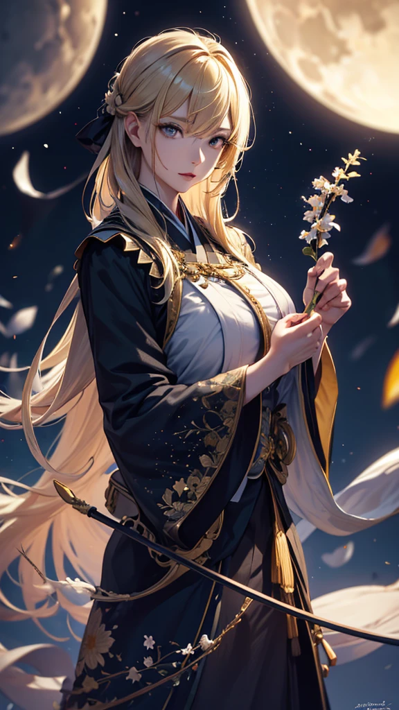 masterpiece, high quality, 4K, Beautiful design, silhouette,blonde, 非常に詳細な夜のStarry Sky,Flower Field, wonderful, Finer details, Very knowledgeable woman, Highly detailed solo, 1 female,,uniform,Night view,Starry Sky,full moon,