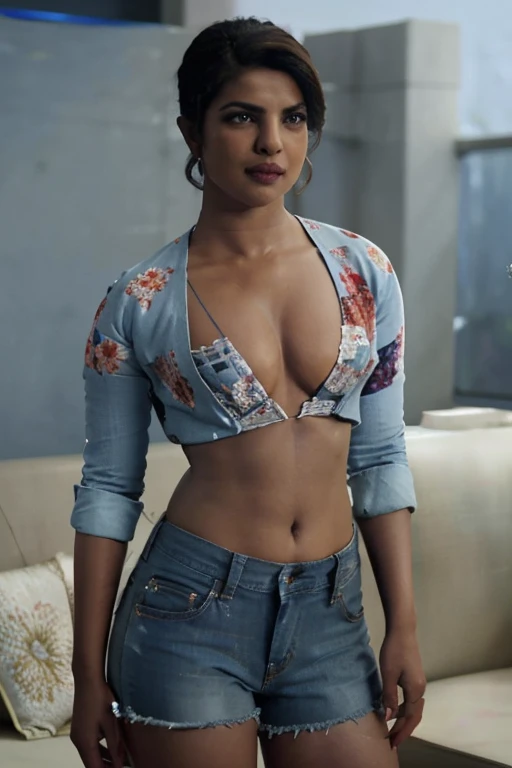 Portarit of Priyanka Chopra, in tight low-rise micro blue denim shorts , wearing loose oversized cotton floral shirt, open button of floral shirt, standing ,slight smile, DSLR shot, navel, curvy body, armpit, cinematic, supermodel body, full body view, hourglass body, deep cleavage, natural breast , (cinematic:1.7), intricate details, (ArtStation:1.2)