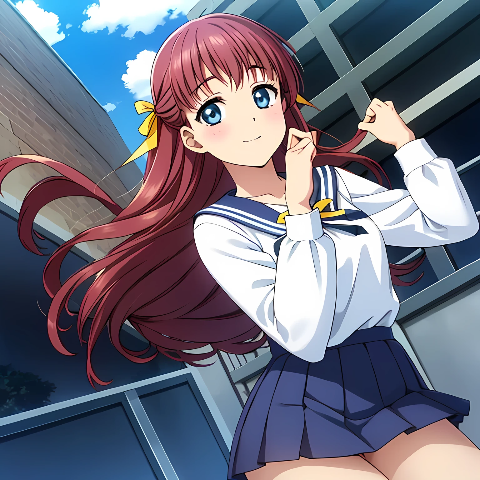 (highest quality, masterpiece:1.2), highest quality, High resolution, 1080p, 8K, CG of the heroine of a beautiful girl game, Height: 158cm, A beautiful woman with a smile falls upside down from the sky like an angel, A face that everyone loves, Glossy lips, Even bangs, Double, Long eyelashes on both the top and bottom, Big wide blue eyes, The very large and thick yellow ribbon bowtie is very cute., Beautiful, shiny red long hair, A long, neat, dark navy pleated skirt, (((A long-sleeved navy blue sailor uniform for winter, all dark blue in color))), Ribbon in hair, Thick calves, Tight waist, Approaching the viewer with open arms, ((Talking to the audience)), ((Trying to kiss)), A very sacred temple in the sky, Shooting from below