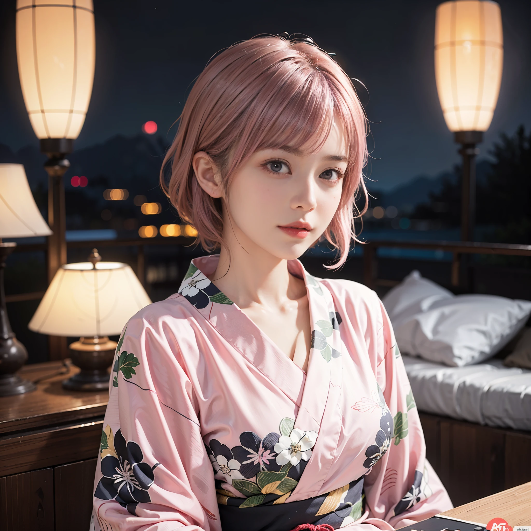 (1 Girl Solo, 1 Sexy Woman, Pink Hair, Short Hair, waved hair, Yukata :1.4), (Sexy woman, UpperBody shot, Sitting:1.3), ((anatomically correct)), (Futuristic Portrait), (Close-Up:1.2), rim lighting, (In The Bed Room At Night), no futuro telhado de luz neon, SSCI - FI e Fantasia, intrincado e muito bonito e elegante, altamente detalhado, pintura digital, art-station, arte conceitual, smooth and sharp focus, illustration, Arte de Tan Zi e Ayanamikodon e Alphonse Mucha e Wlop