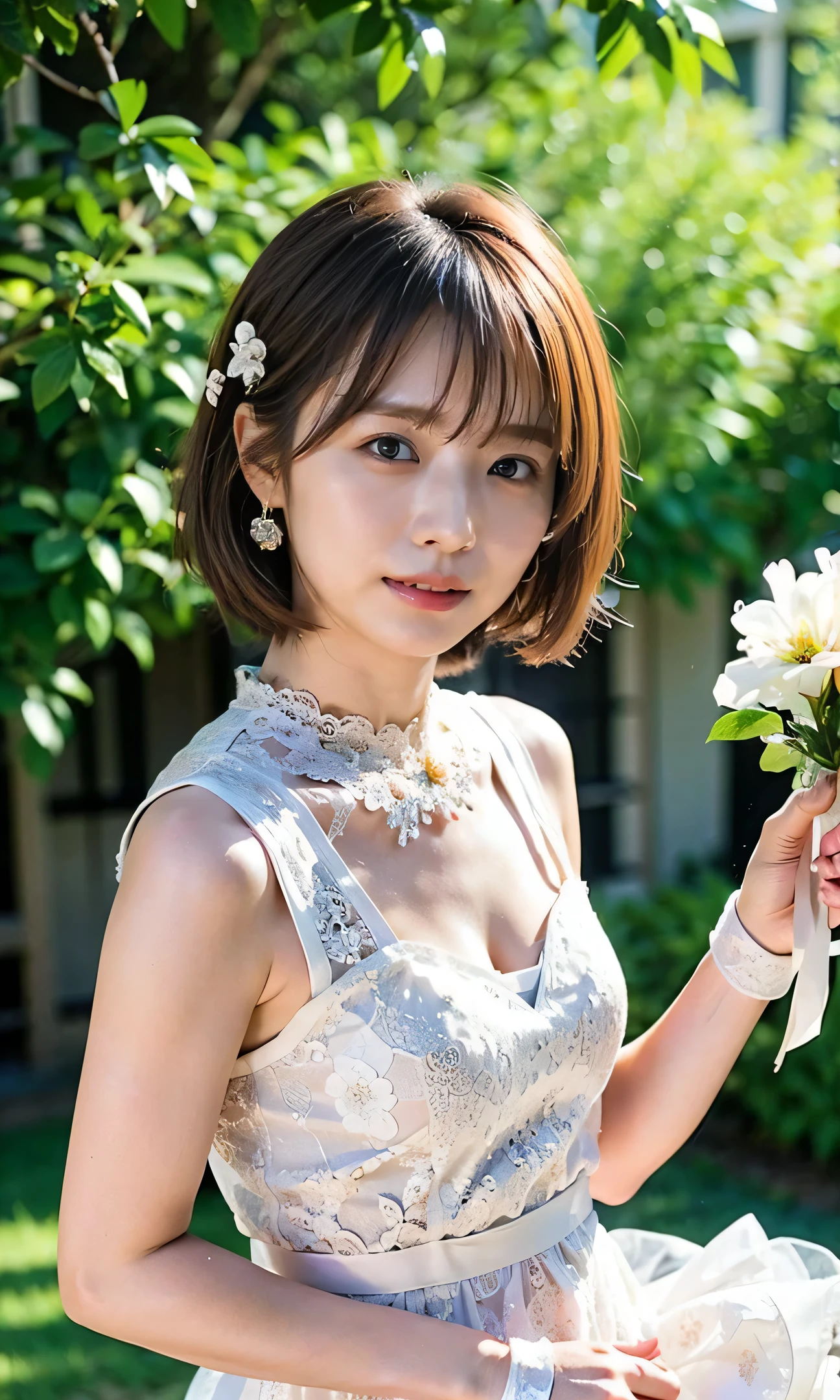 Flower Hair Ornaments、tiara、Please wear white lace gloves、Big smile、Holding a bouquet、A lovely smile、Gorgeous white silk dress with lace、Wonderful gardens、Colorful flowers々Blooming、White silk and shiny dress、Gorgeous and elegant white wedding dress、Braid only the front hair((wedding style:1.4))、Full body photo、smile、 Caustics、Highly detailed photos、Very beautiful ideal short hair、Big Breasts、Super no makeup、(8k、RAW Photos、highest quality、masterpiece:1.2)、(Realistic、Realistic)、1 girl、((Medium Short Hair、Looking into the camera:1.4))、