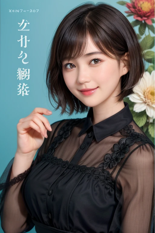 215 Short Hair, 20-year-old woman, A kind smile, Floral、The bust looks larger