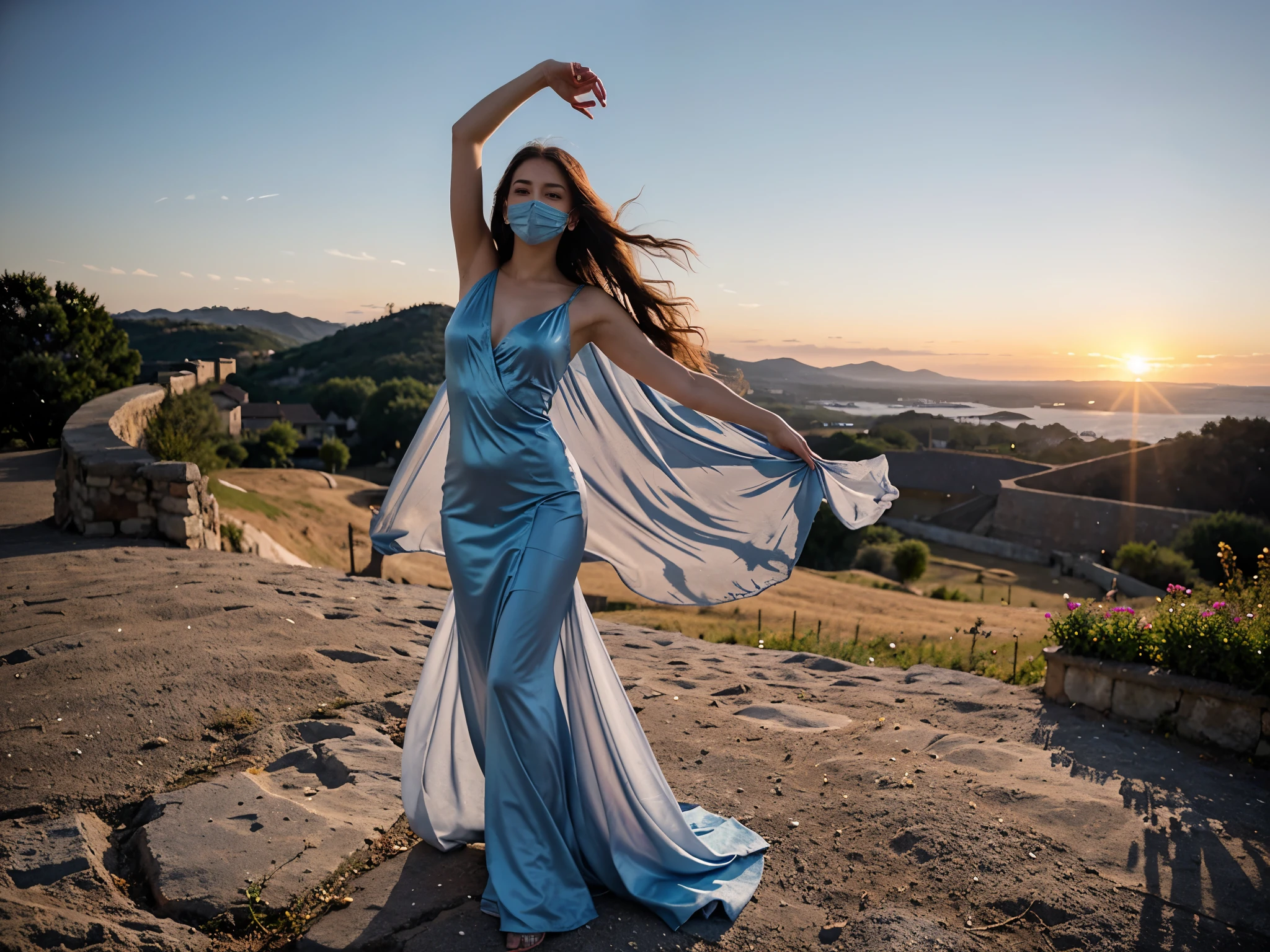A majestic woman soaring gracefully through the sky, with long flowing hair trailing behind her. She wears an elegant, flowing gown that ripples in the wind, shimmering with shades of blue and silver. Her outstretched arms give the impression of freedom and strength, with perfect hands elegantly poised. Her body is anatomically perfect, exuding grace and beauty. The sky around her is a brilliant mix of sunset colors—orange, pink, and purple—casting a magical glow. Wispy clouds float around her, and the light from the setting sun highlights her serene, yet sad and melancholic expression, partially hidden behind a golden mask that covers her face. She flies over a lush medieval garden, filled with vibrant flowers and ancient stone pathways. The overall scene is ethereal and dreamlike, capturing a moment of pure liberation and beauty, while maintaining a SFW image.
