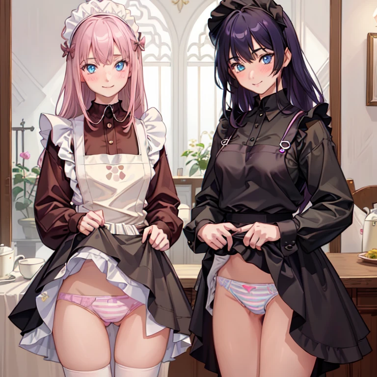 highest quality, masterpiece,((14years old:1.5)), ((2 girls:1.5)), ((smile:1.3)), (blush:1.3), Black Shirt, blouse, ((fun!!)), (Small breasts), Blonde, (Long sleeve), ((White apron:1.5)), ((Maid)), ((hair ornaments)), Kamimei, look at me, ((in house:1.5)), Taking a break from watching the audience, Cowboy Shot, (skirtlift:1.3), (Highly detailed pink striped panties:1.3), (Highly detailed panties:1.3), (skirt that rolls up:1.3), (Panties fully exposed:1.5), Light blue eyes, long hair, Glowing Eyes