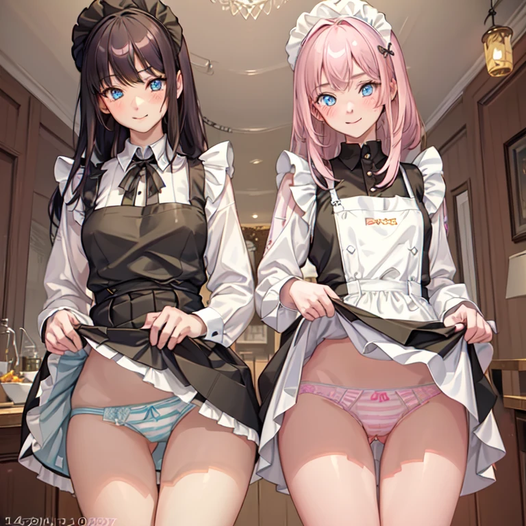 highest quality, masterpiece,((14years old:1.5)), ((2 girls:1.5)), ((smile:1.3)), (blush:1.3), Black Shirt, blouse, ((fun!!)), (Small breasts), Blonde, (Long sleeve), ((White apron:1.5)), ((Maid)), ((hair ornaments)), Kamimei, look at me, ((in house:1.5)), Taking a break from watching the audience, Cowboy Shot, (skirtlift:1.3), (Highly detailed pink striped panties:1.3), (Highly detailed panties:1.3), (skirt that rolls up:1.3), (Panties fully exposed:1.5), Light blue eyes, long hair, Glowing Eyes