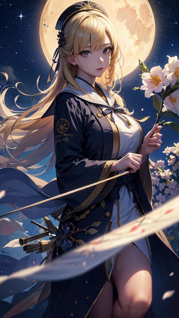 masterpiece, high quality, 4K, Beautiful design, silhouette，blonde， 非常に詳細な夜のStarry Sky,Flower Field， wonderful, Finer details,  Very knowledgeable woman, Highly detailed solo, 1 female,Big Breasts，Sailor suit，Night view，Starry Sky，full moon，