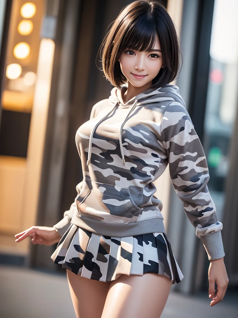 (8k, RAW Photos, highest quality, Tabletop:1.2), (Realistic, Photorealistic:1.4), (Highly detailed 8k wallpaper), Sharp focus, Depth of written boundary, Blur the background, Bokeh, Cinema Lighting, Soft Light, (whole body), 1 girl,18 years old famous Japanese idol, Perfect female body, indoor, (White and grey camouflage hoodie and black micro mini pleated skirt : 1.3), (Long, slender legs), (smile), Glossy lips, Beautiful fine details,Natural Makeup, Shiny and smooth light brown short bob hair, Asymmetrical bangs, Shiny skin, Center image, High resolution, Attention to detail, Detailed hairstyle, Detailed face, 素晴らしいCinema Lighting, Octane Rendering, Vibrant, Ultra-realistic, Perfect limbs, Perfect Anatomy