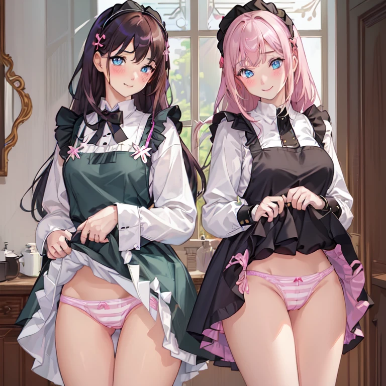 highest quality, masterpiece, ((2 girls:1.5)), ((smile:1.3)), (blush:1.3), Black Shirt, blouse, ((fun!!)), (Small breasts), Blonde, (Long sleeve), ((White apron:1.5)), ((Maid)), ((hair ornaments)), Kamimei, look at me, ((in house:1.5)), Taking a break from watching the audience, Cowboy Shot, (skirtlift:1.3), (Highly detailed pink striped panties:1.3), (Highly detailed panties:1.3), (skirt that rolls up:1.3), (Panties fully exposed:1.5), Light blue eyes, long hair, Glowing Eyes