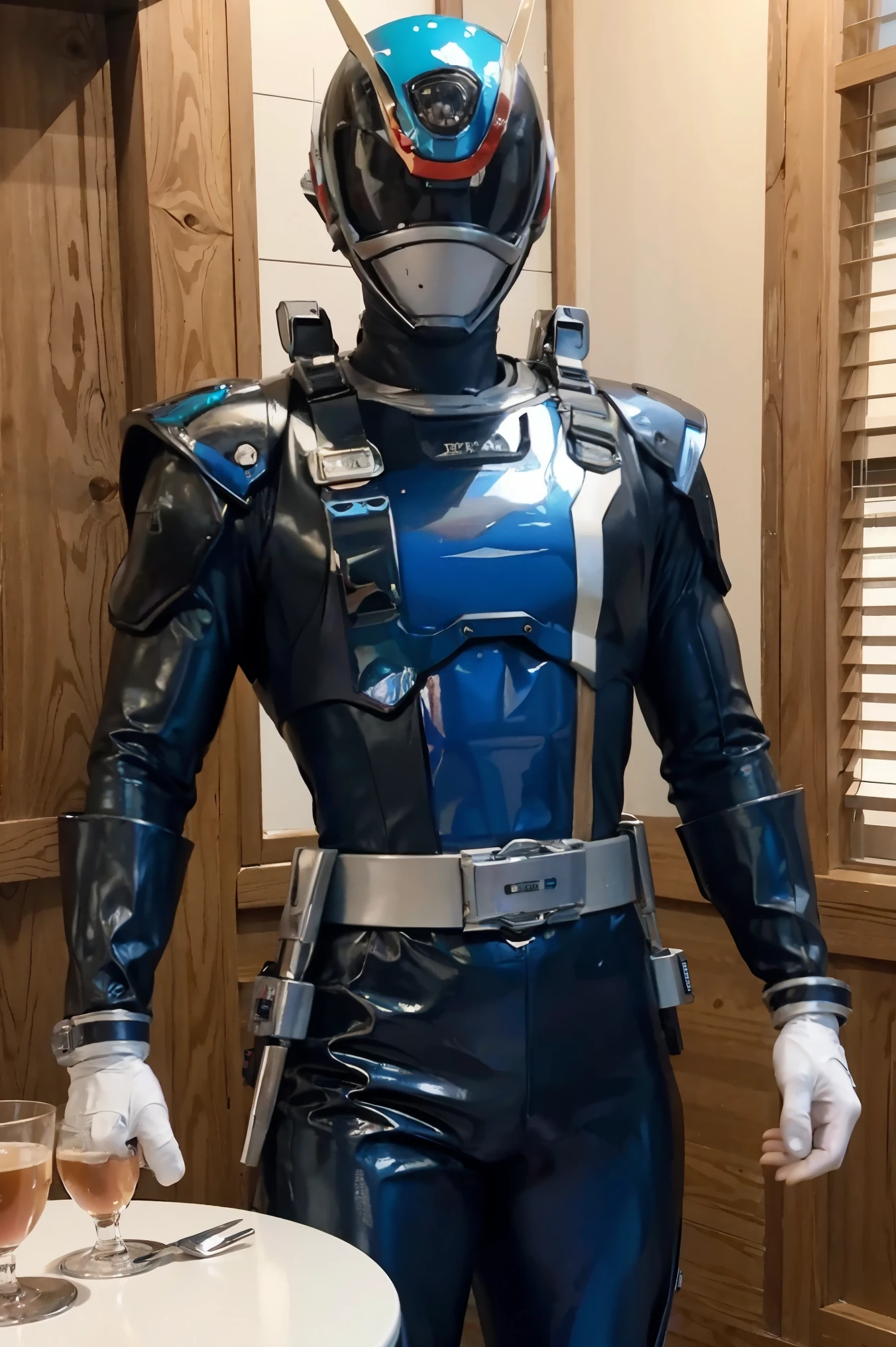 Fantasy background, cafe rpg style, empty chair, table, set of tea glass, (power rangers)), One guy、, ((black ranger suit)), red and blue chest armor with gold details, costume, Solo, ((fit figure)), (Anatomically correct), Cowboy shot, masked face, guns, muscular build