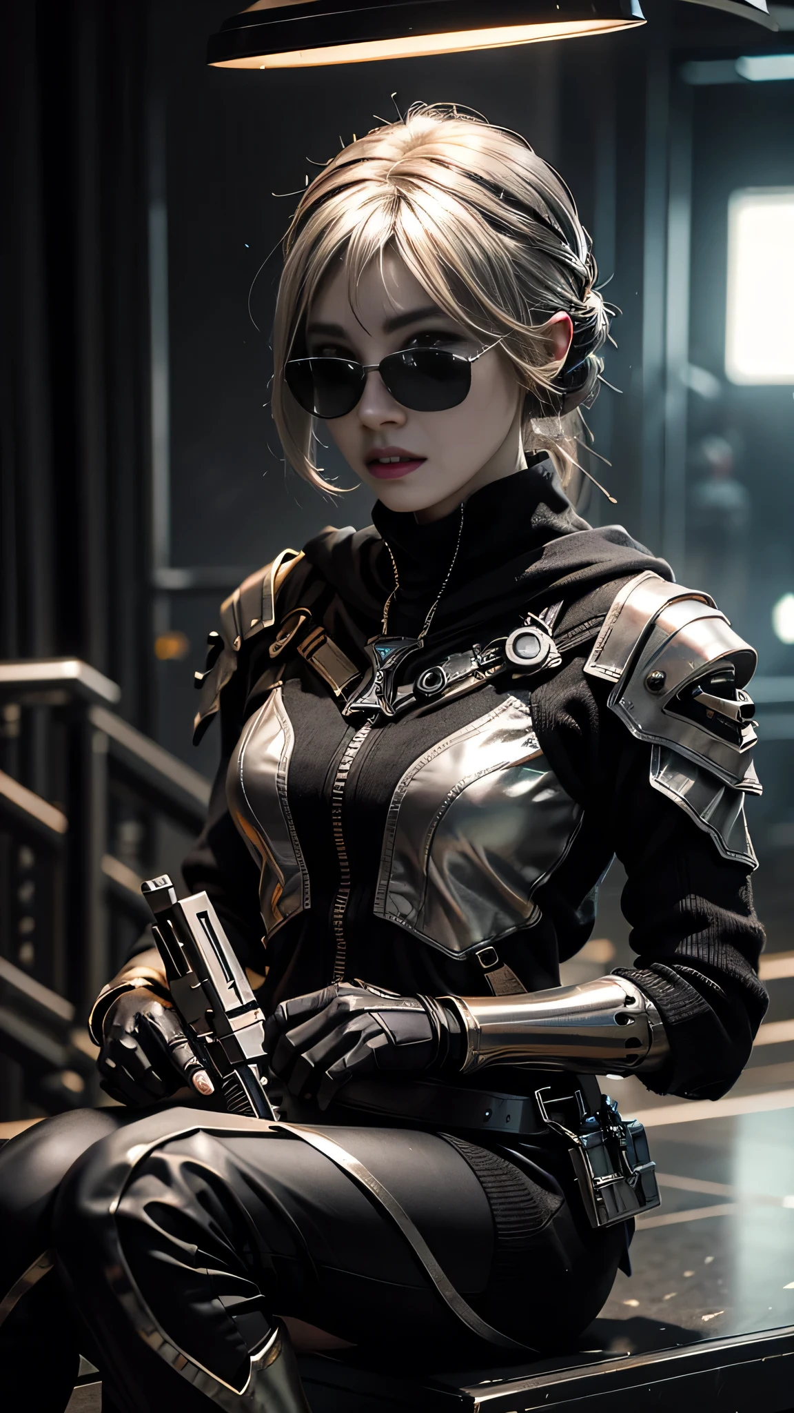 8K, UHD, masterpiece, 1 girl, detailed face, smart face, ((sunglasses)), detailed eyes, sniper rifle in hand, battleroyal, call of duty cosplay, call of duty modern warfare 3, ((ghost tribe)), ((silver and black cosplay:1.5)), belts, gun, methic gun, futuristic art, cyberpunk lihting, ultra extreme graphics, RTX 4090, ray tracing, bloom, depth of field, motion blur, sitting,
