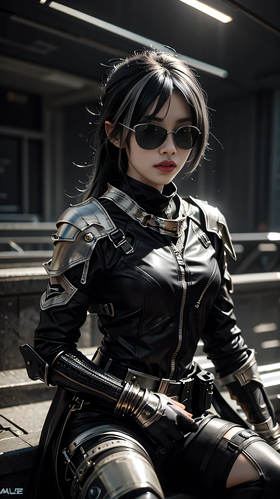 8K, UHD, masterpiece, 1 girl, detailed face, smart face, ((sunglasses)), detailed eyes, sniper rifle in hand, battleroyal, call of duty cosplay, call of duty modern warfare 3, ((ghost tribe)), ((silver and black cosplay:1.5)), belts, gun, methic gun, futuristic art, cyberpunk lihting, ultra extreme graphics, RTX 4090, ray tracing, bloom, depth of field, motion blur, sitting,