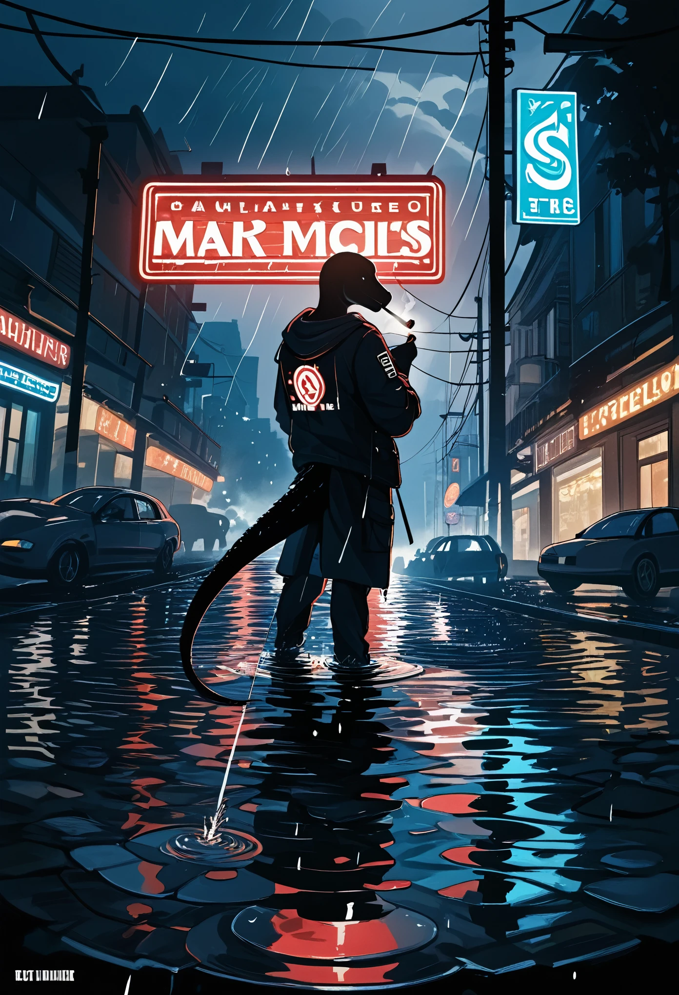 cover, high resolution, maximum quality, best quality, paid reward available, unparalleled masterpiece, perfect art, absurd, high quality illustrations, super high resolution, detailed background, Lizard wears a wet smoking in the rain, in the city, a view night with glowing neon signs, silhouette reflected in a puddle, Cinematic lighting,