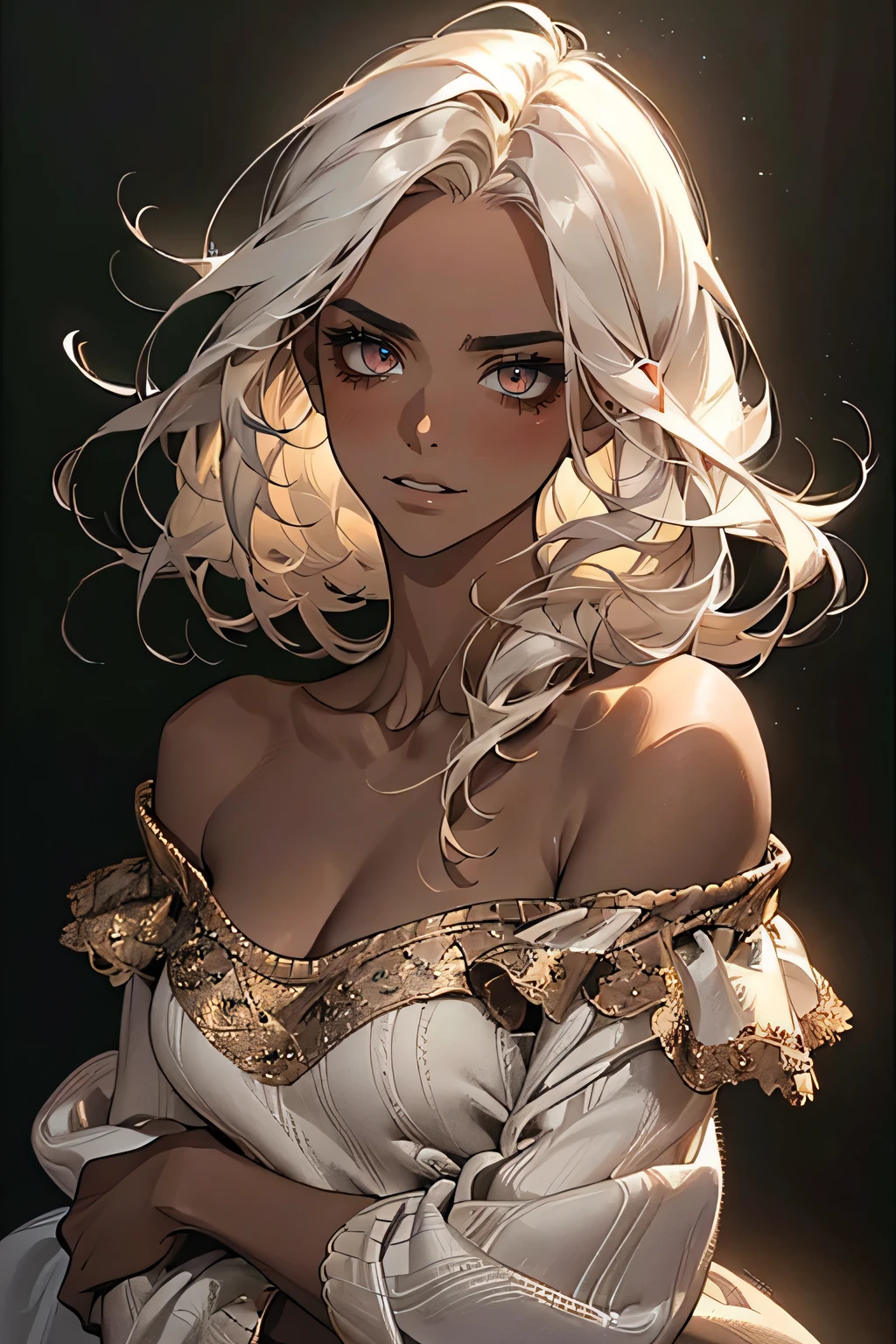 ((Perfect Anatomy:1.2,Realistic:1.3,RAW Photos:1.3,masterpiece、highest quality、Ultra - High resolution、High resolution、Extremely detailed CG、8k)). 1 female,alone,Composition with a face in the center,23 years old,Beauty,((Beautiful face and eyes:1.2,Big beautiful eyes:1.3,)),Platinum Blonde,Long Hair,(Center parted hair:1.4,amount),Small Head:1.3,Golden eyebrows,(Provocative smile),thin,((Dark brown skin:1.4)),(Oily skin,Glowing Skin,Shiny skin,(Off-the-shoulder knitwear),clavicle,Bare shoulders. Black wall background.