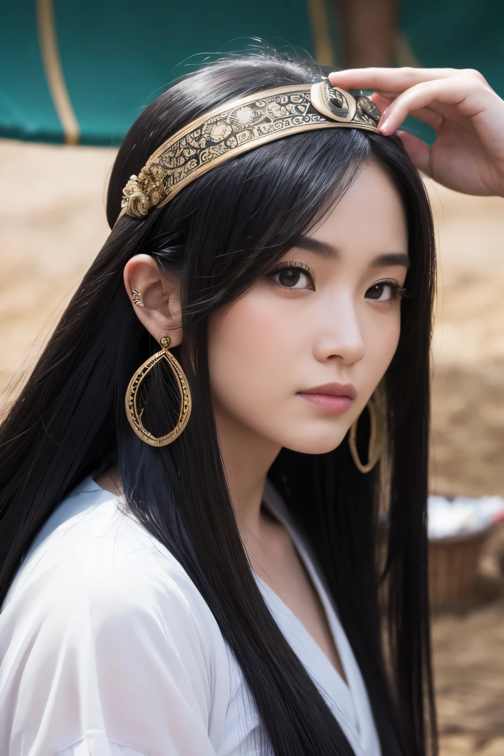 A slightly suspicious fortune teller, a woman with long black hair