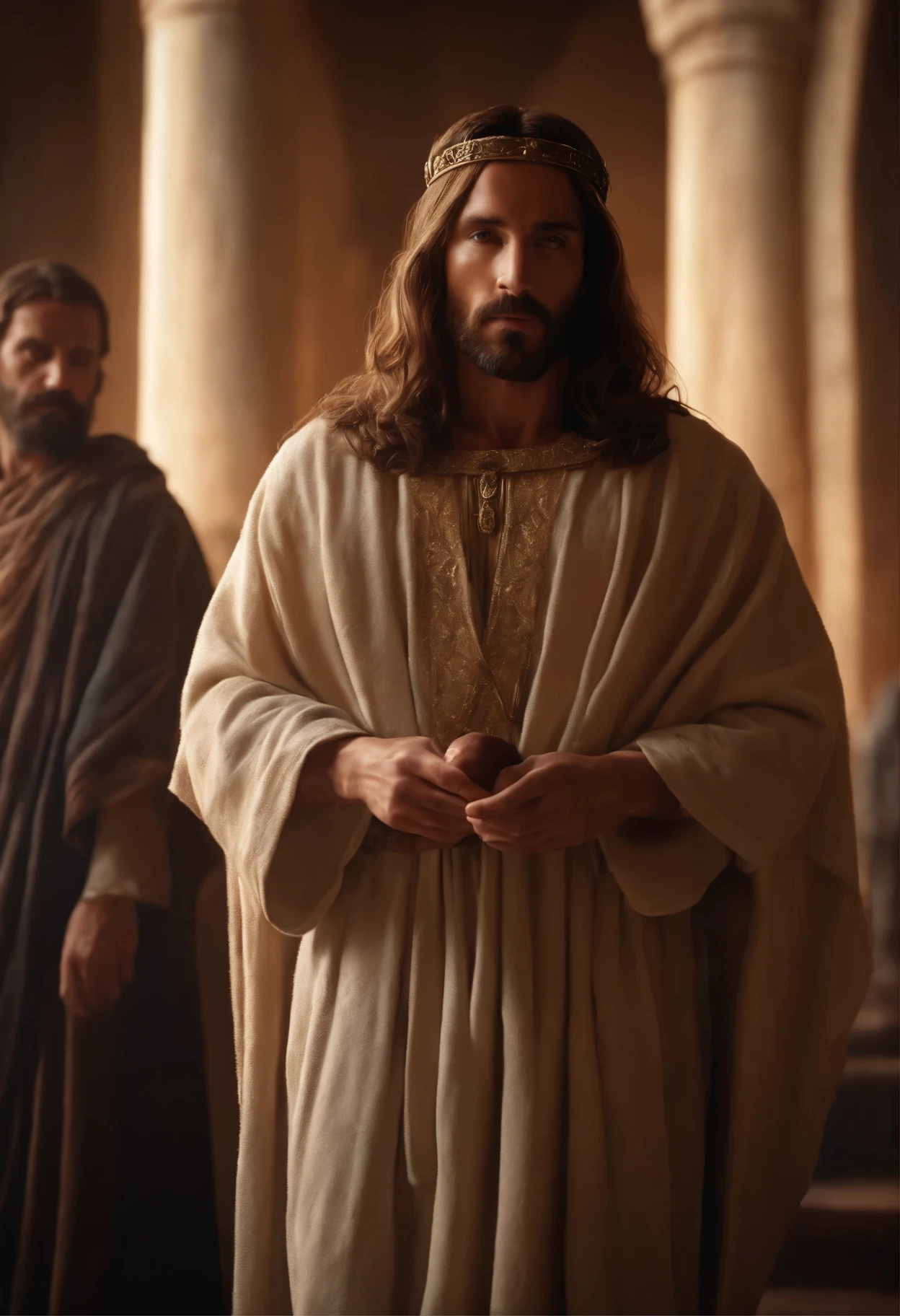 a detailed illustration of jesus being judged by pontius pilate, intricate facial features, realistic skin textures, dramatic lighting, medieval architecture, ornate robes, chiaroscuro, cinematic composition, moody color palette, oil painting style, (best quality,4k,8k,highres,masterpiece:1.2),ultra-detailed,(realistic,photorealistic,photo-realistic:1.37),HDR,UHD,studio lighting,ultra-fine painting,sharp focus,physically-based rendering,extreme detail description,professional,vivid colors,bokeh