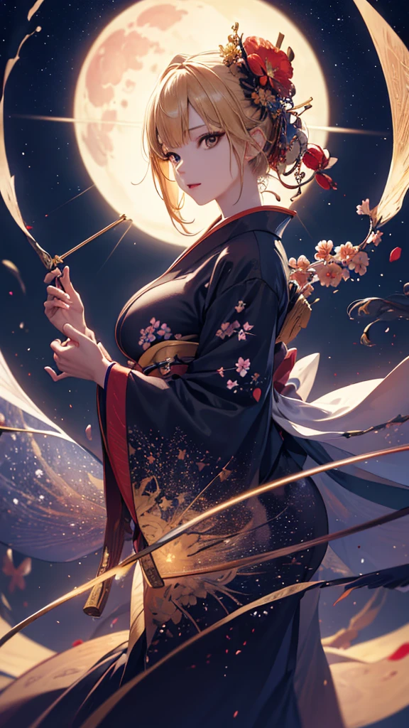 masterpiece, high quality, 4K, Beautiful design, silhouette,blonde, 非常に詳細な夜のStarry Sky,Flower Field, wonderful, Finer details, Very knowledgeable woman, Highly detailed solo, 1 female,Big Breasts,Red colored kimono,Night view,Starry Sky,full moon,