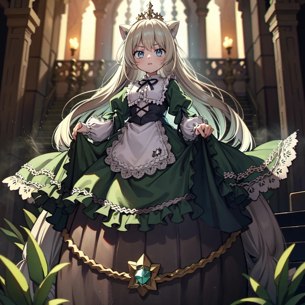 ８A cute old princess, Highest quality, highest quality, Face details, Mysterious, Gorgeous medieval long dress in dark green and white, Gold and silver embroidery, Panniers, Full body drawing from head to toe, Silver Hair, Ancient City, Angle from below,skirt, White tights, Green and Red Odd-Eye