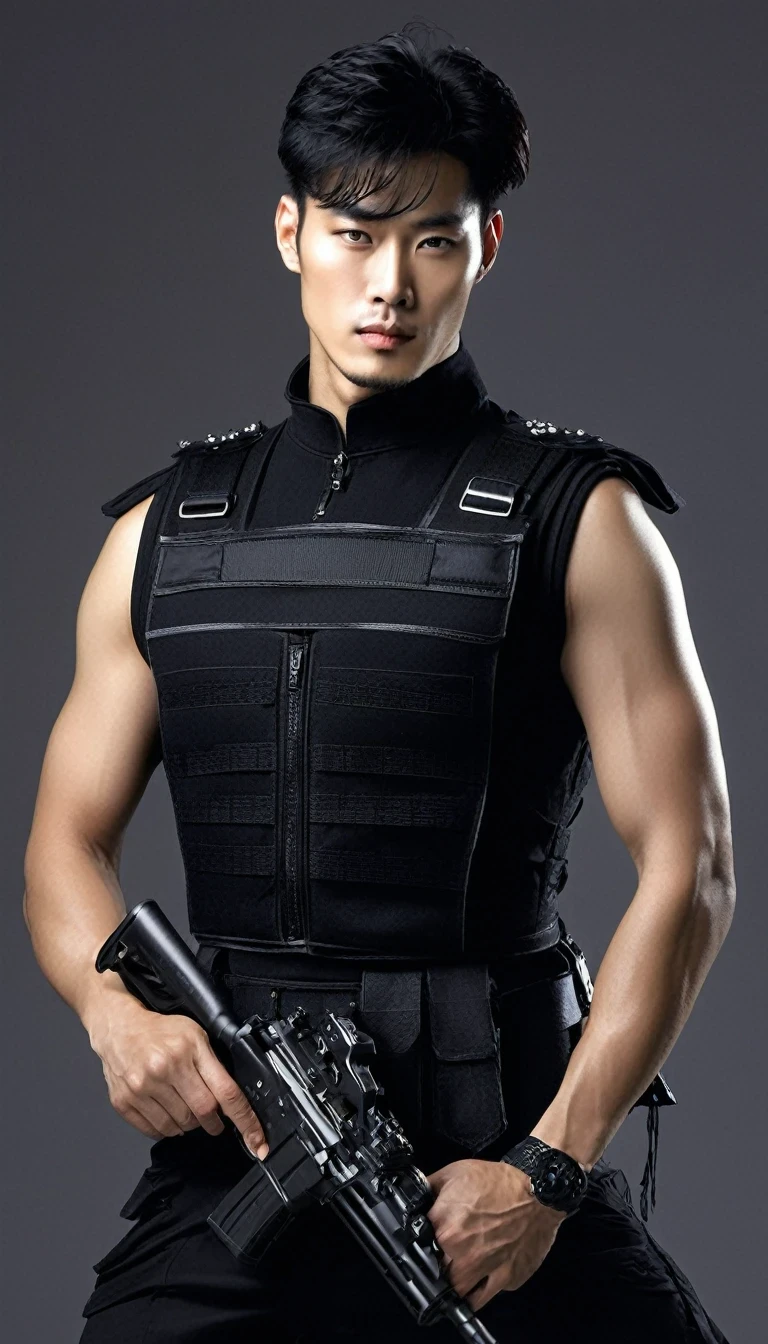 Avant-garde and elegant Chinese handsome guy,Wearing a sleeveless tight,Special Forces Combat Uniform,(Wearing a dagger necklace:1.2),(A pistol on his belt:1.3),Black tight-fitting top,Strong muscles,Handsome guy with a muscular body,serge lutens is a world-renowned artist and perfumer,Its fashion、The impact of beauty and fragrance is unparalleled。His artistic style is both elegant and、Avant-garde and mysterious,Breaking the traditional boundaries,Create a unique aesthetic background:Lots and lots of weapons