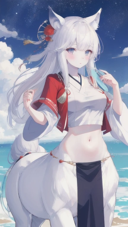 (best quality, masterpiece), 1 girl, centaur, It takes, White skin, Japanese  , exposing the abdomen,belly button t-shirt, 아름다운 소녀 perfect wolf photo, perfect wolf photo