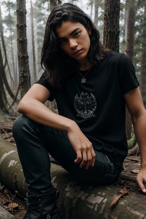 Teo Briones, Junior Wheeler, Teen Wolf, , short and messy black hair, green eyes, black vest, red shirt with fire print, black jeans, black military boots. silver pendant, white wolf print. Forest background with fog aura around black color.