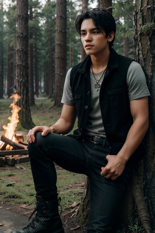 Teo Briones, Junior Wheeler, Teen Wolf, , short and messy black hair, green eyes, black vest, red shirt with fire print, black jeans, black military boots. silver pendant, white wolf print. Forest background with fog aura around black color.