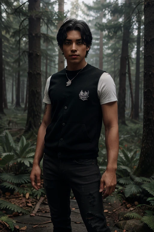 Teo Briones, Junior Wheeler,  Wolf, 16 yort and messy black hair, green eyes, black vest, red shirt with fire print, black jeans, black military boots. silver pendant, white wolf print. Forest background with fog aura around black color.