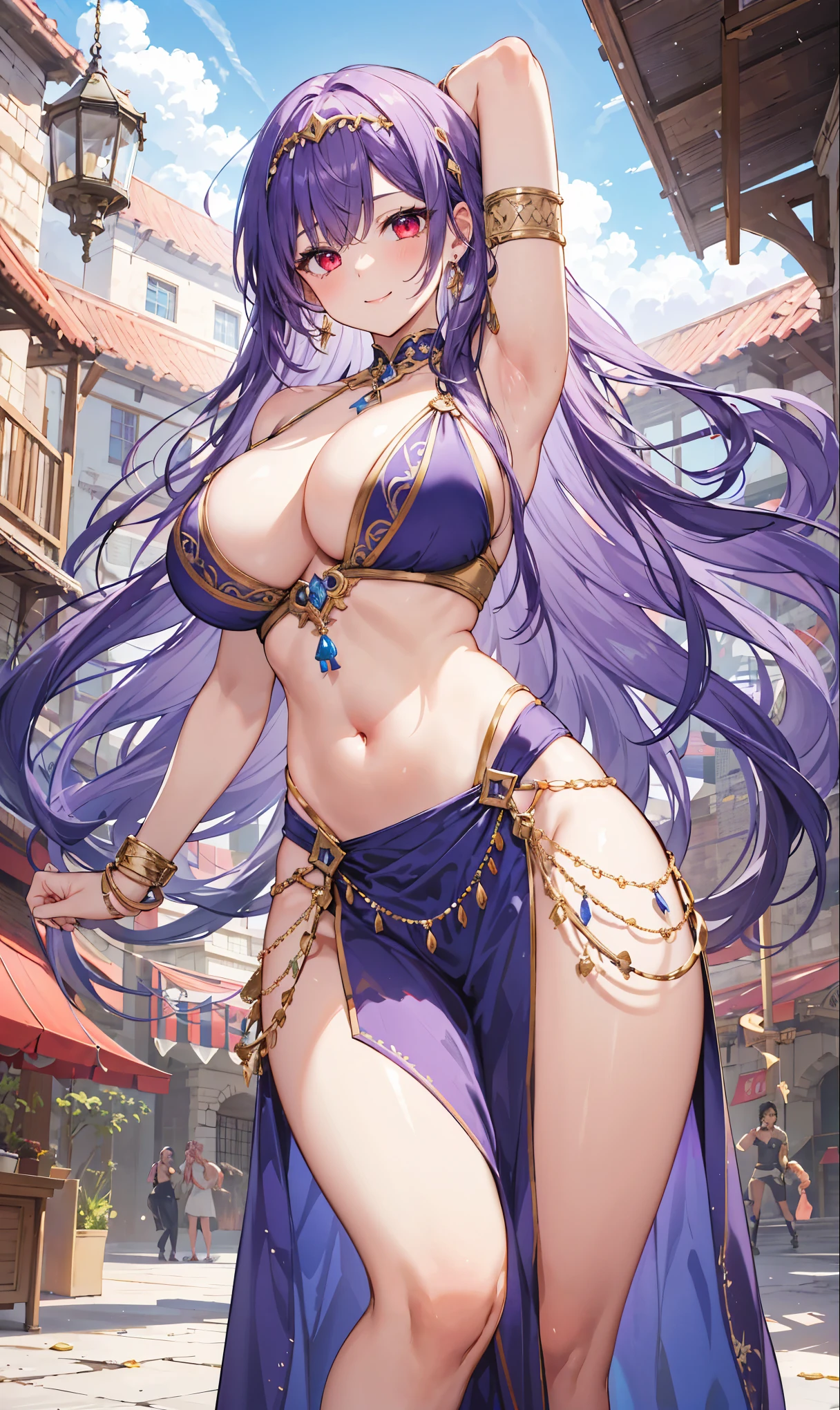 high quality, ultra detailed, best quality, insanely detailed, beautiful, masterpiece, 1girl, medieval plaza, cowboy shot, red eyes, long hair, purple hair, belly dancer, circlet, earrings, armlets, bracelets, bashful smile, large breasts, cleavage, soft stomach