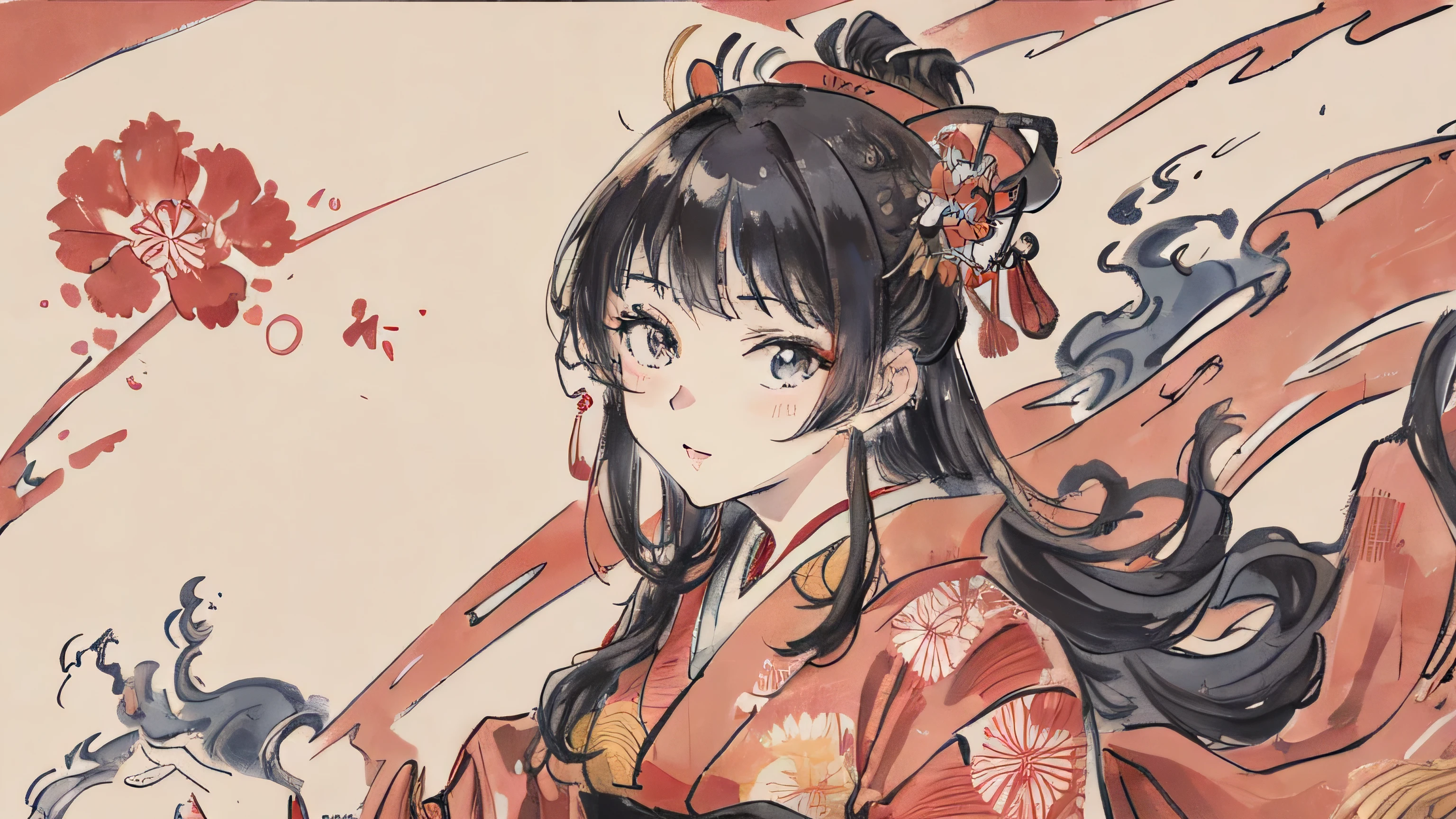 masterpiece, highest quality, A woman in her 20s from the end of the Edo period in Japan.。She is still, but her flashy kimono is showing.、The long hair is wildly messy。Don't look at me。Strange pose。Big eyes and a serious look。Upper Body。 In the old Japanese style of painting with low saturation、The women have modern anime-like faces.、She is wearing a slight Kabuki-style make-up.。Strong 2D feel。 The background is night、A large cherry tree with petals falling、and a huge full moon。Fuji Mountain。I want to use it as a thumbnail for lofi music。