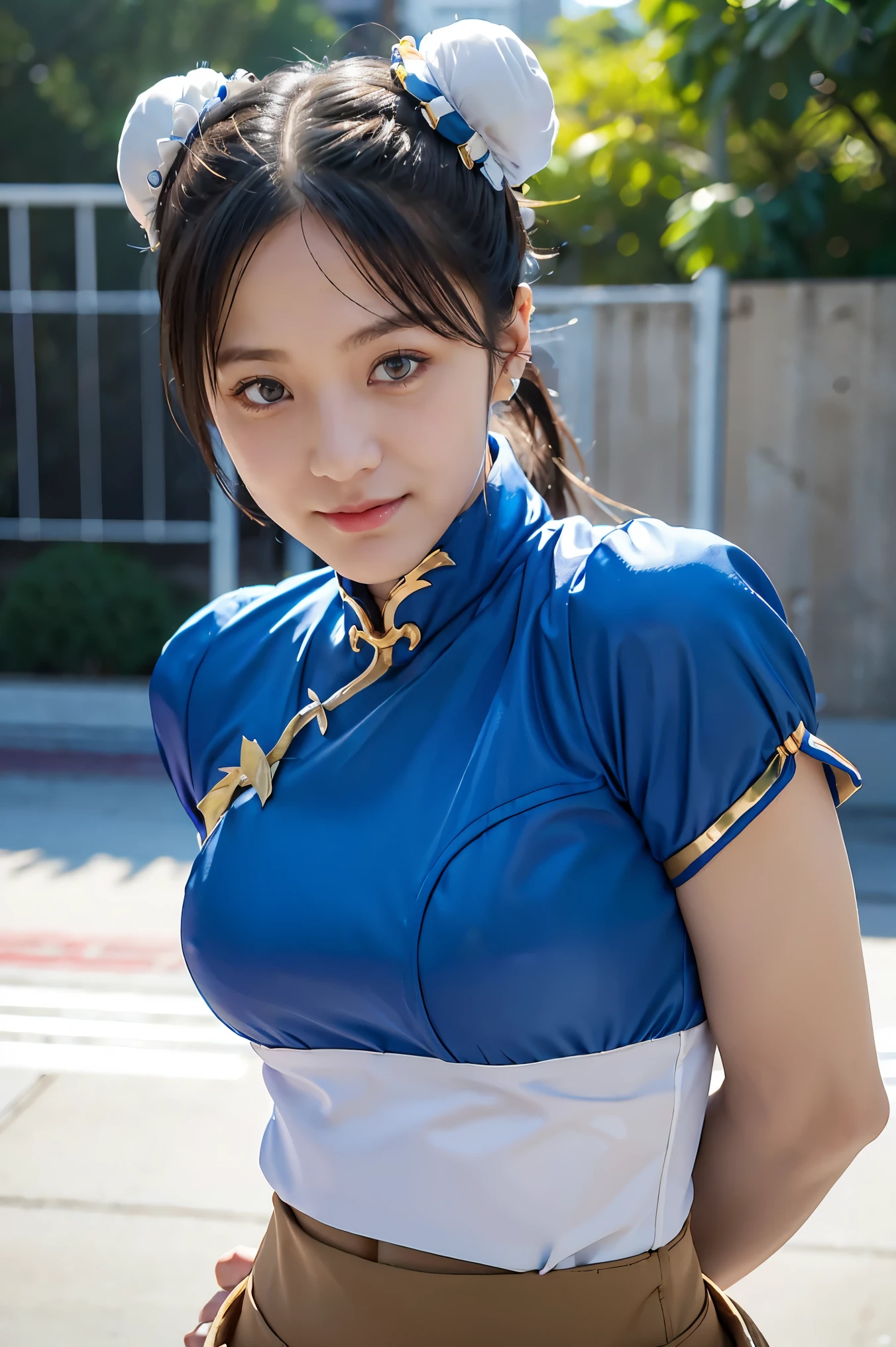 Chun-Li from Street Fight II,perfect chun li costume,Blue cheongsam with gold lines,Bun head,bun cover,fighting pose,masterpiece、1 beautiful girl、fine eyes、puffy eyes、highest quality, 超High resolution, (reality: 1.4), movie lighting、Japanese、asian beauty、Korean、super beautiful、beautiful skin、body facing forward、close up of face、(Ultra-realistic)、(High resolution)、(8k)、(very detailed)、(Beautiful and fine eyes)、(Super detailed)、 (wall-)、detailed face、bright lighting、professional lighting、looking at the viewer、look straight ahead、slanted bangs、Nogizaka Idol、korean idol、masterpiece, highest quality, masterpiece, highest quality, perfect face, perfect brown eyes with white sclera, bad move-5, alone, 1 girl, Upper body, brown hair, From SF2, Chinese service, smile, muscular woman, blue clothes, pantyhose, pelvic curtain, Puffy short sleeves, Good cover, sash, evaluation:safety