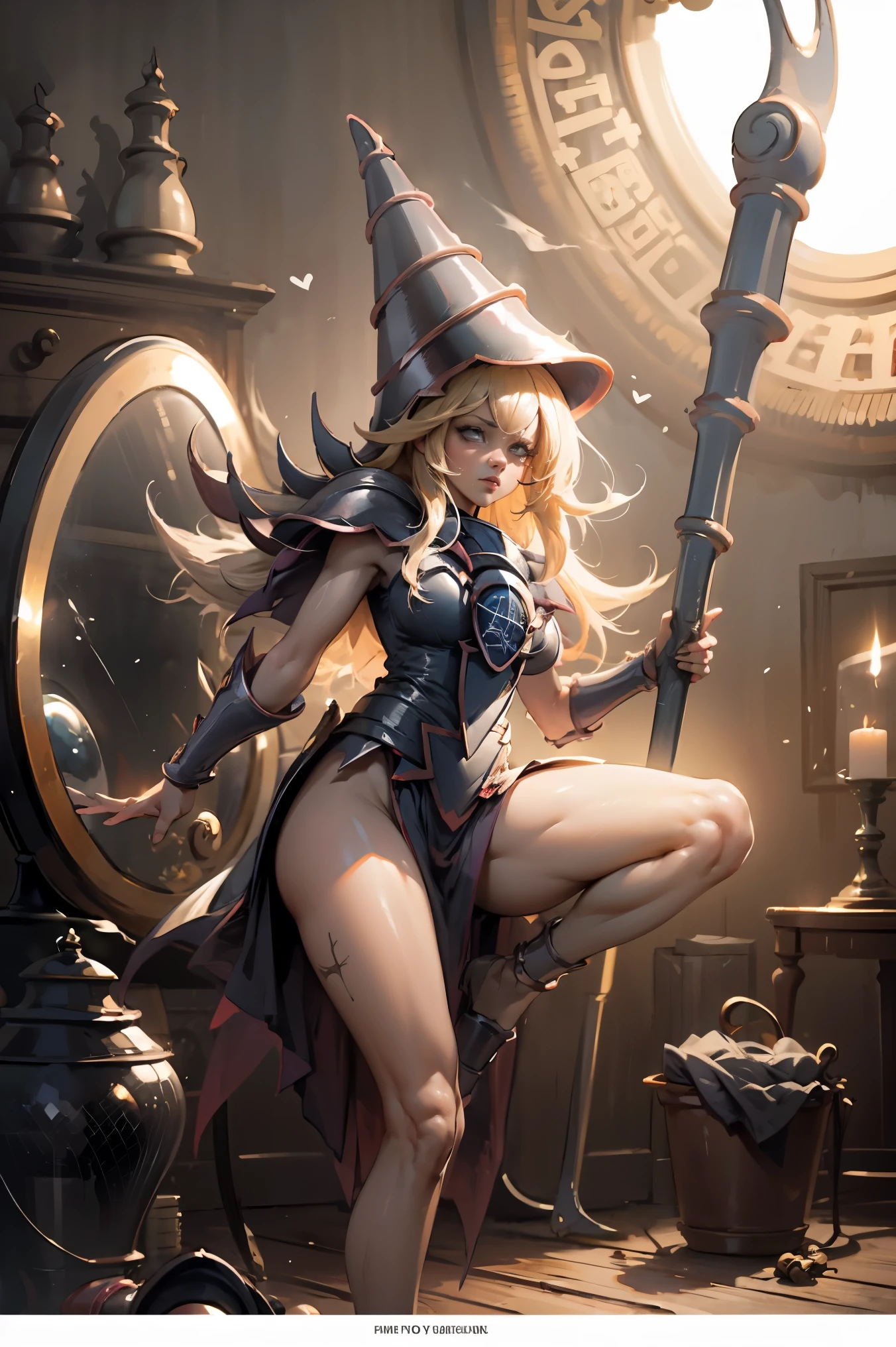 (Obra maestra:1.2), (La mejor calidad:1.2), perfect lighting, Chica Maga Oscura lanzando un hechizo, En sus veinte, flotando en el aire, tetas grandes, escote, bata azul, sombrero grande, desde arriba, Destellos, Yugioh juego, magic of the heart. luces del corazon, Romantic heart