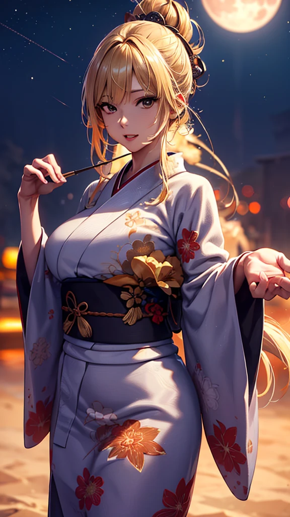 masterpiece, high quality, 4K, Beautiful design, silhouette，blonde， 非常に詳細な夜のStarry Sky,Sandy Beach， wonderful, Finer details,  Very knowledgeable woman, Highly detailed solo, 1 female,Big Breasts，Red color yukata，Night view，Starry Sky，full moon，