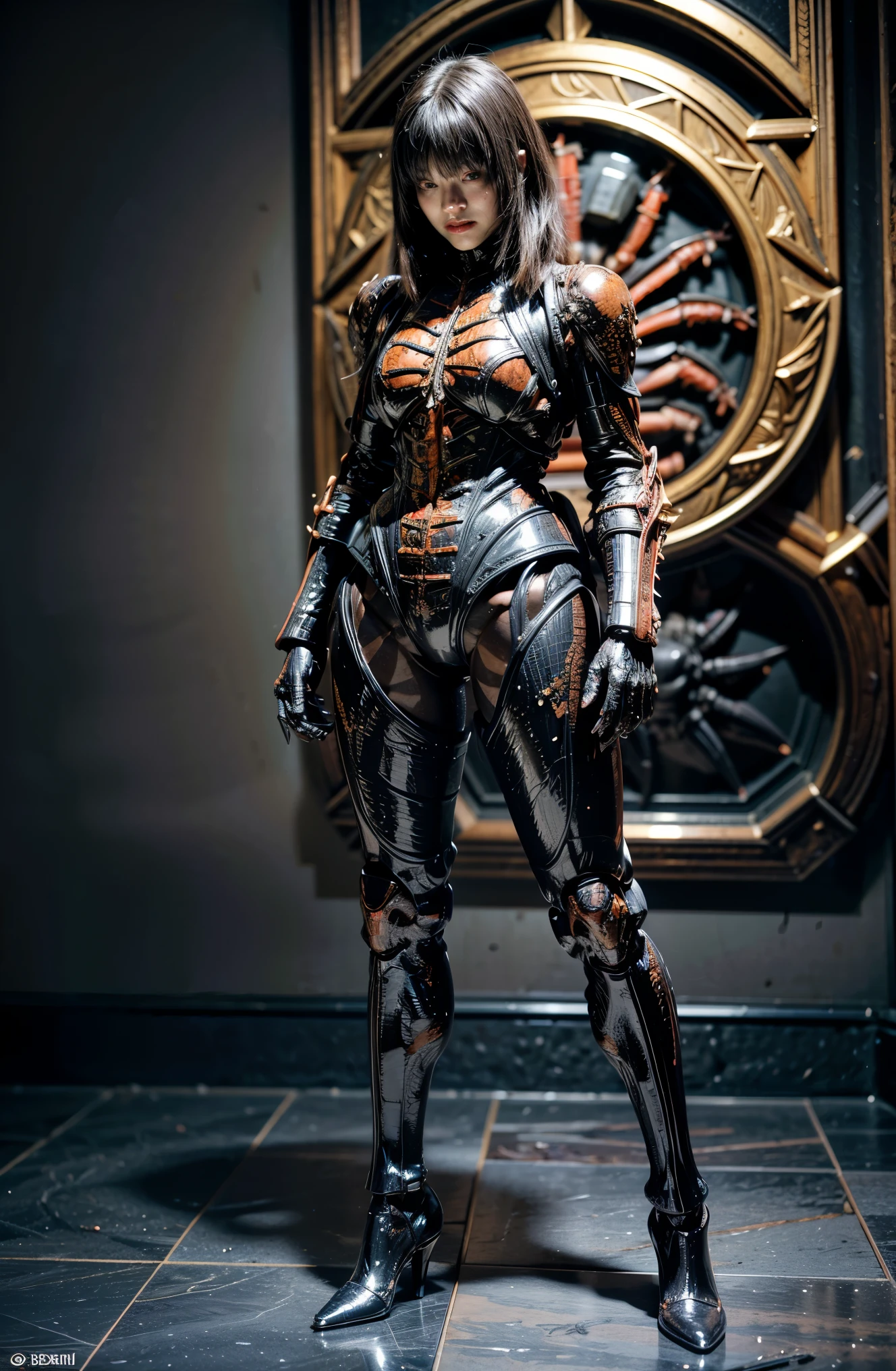 (high resolution,masterpiece,best quality,extremely detailed CG), photorealistic, (Composed of fine parts), (extremely intricate all details), (extremely realistic all textures), gloss and shiny,awesome many layers, 8k wall paper, 3d,( solo:1.4), perfect female proportion,villainess, (fusion of cockroach and lady:1.4), (cockroach form lady:1.2), (cockroach lady:1.2), (fusion:1.2), (solo:1.4), (evil smile:1.2), muscular, abs, (cockroach exoskeleton bio insect suit:1.4), (cockroach red exoskeleton bio insect armor:1.2), feeler