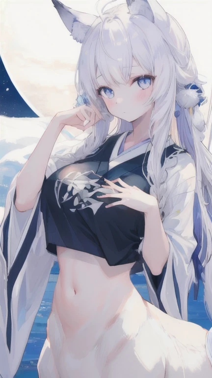 (best quality, masterpiece), 1 girl, centaur, It takes, White skin, Japanese , exposing the abdomen,belly button t-shirt, 아름다운 소녀 perfect wolf photo, perfect wolf photo