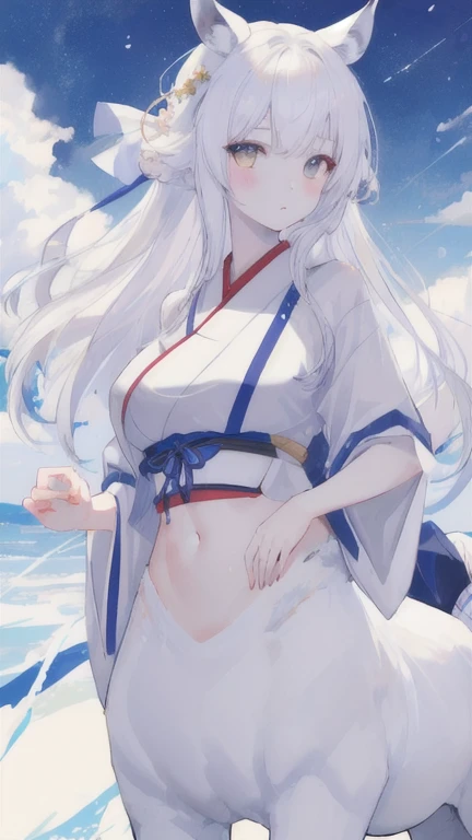 (best quality, masterpiece), 1 girl, centaur, It takes, White skin, Japanese , exposing the abdomen,belly button t-shirt, 아름다운 소녀 perfect wolf photo, perfect wolf photo
