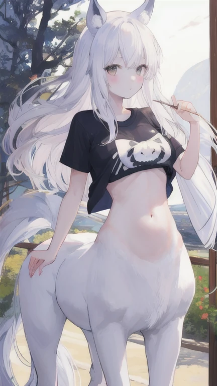 (best quality, masterpiece), 1 girl, centaur, It takes, White skin, Japanese  , exposing the abdomen,belly button t-shirt, 아름다운 소녀 perfect wolf photo, perfect wolf photo