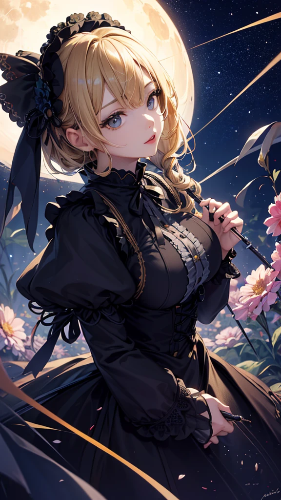 masterpiece, high quality, 4K, Beautiful design, silhouette,blonde, 非常に詳細な夜のStarry Sky,Flower Field, wonderful, Finer details, Very knowledgeable woman, Highly detailed solo, 1 female,Big Breasts,Gothic Lolita Fashion,Night view,Starry Sky,full moon,