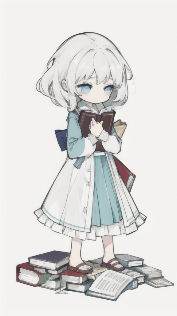 best quality, chibi, 1 girl, (full body), Pure white background,Vivid,clearly,sad face,rain,Blowing in the Wind,Sit down,holding a book in hand