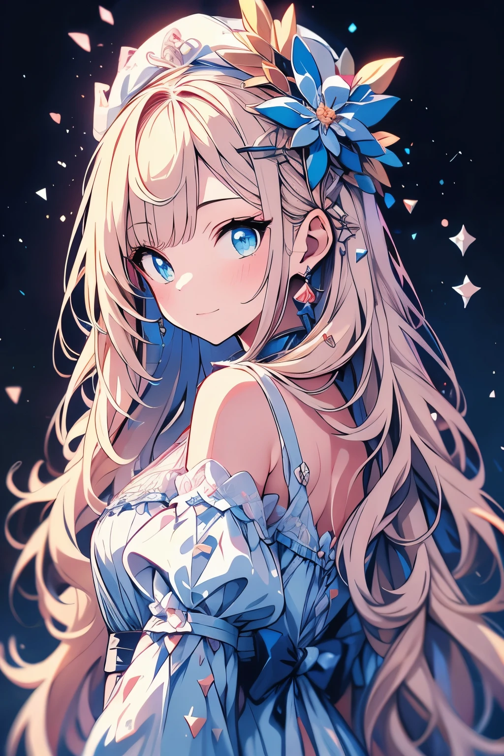 A beautiful anime girl with long hair wearing an elegant hat, flowers, making the silence gesture with one finger to her lips, surrounded by blue and white floral patterns, wearing lace in a light cyan style with light green and light yellow tones, soft lighting, and delicate lines. --ar 3:4 --niji 6