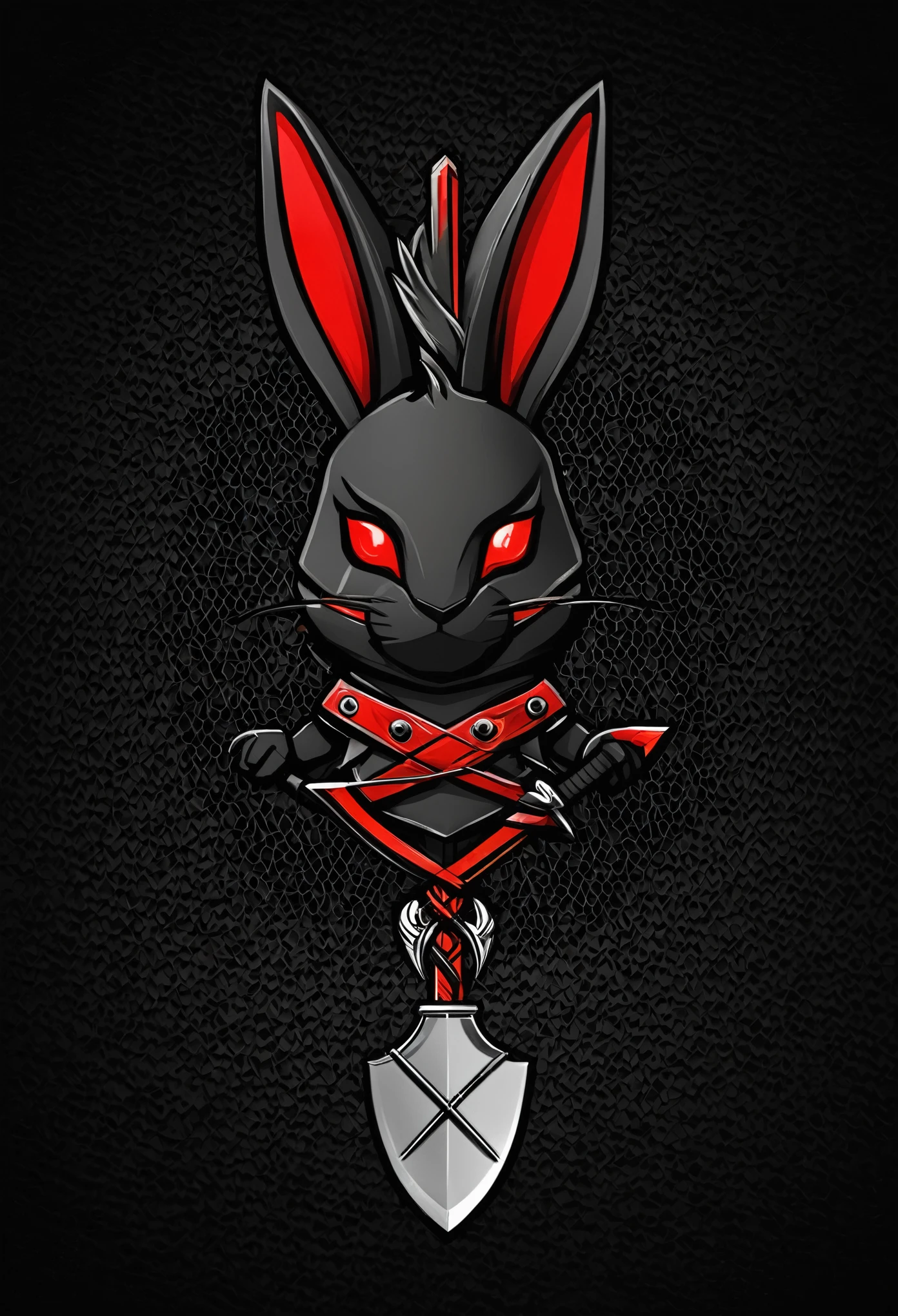「force『Scorpion Rabbit』のforce章を作成してください。force章には以下の要素が含まれることを希望します:
- A cute, deformed design based on a rabbit with a touch of scorpion element:1.6 - Incorporate some elements of crossed swords and shields - Simple design - Background with red and black tones to symbolize fighting determination and unity」
