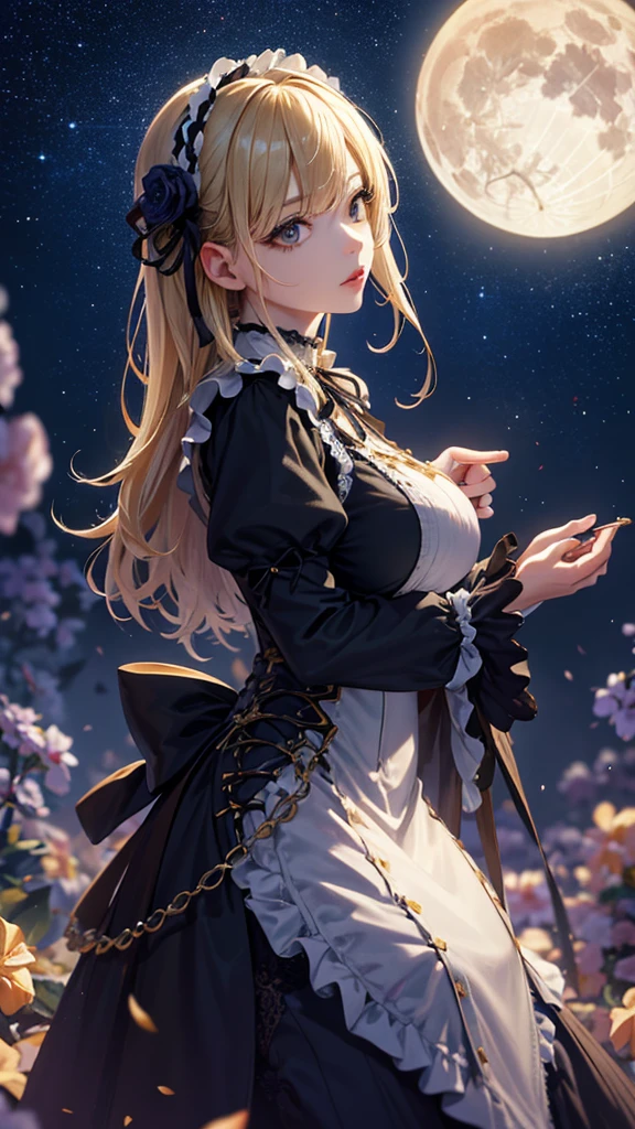 masterpiece, high quality, 4K, Beautiful design, silhouette,blonde, 非常に詳細な夜のStarry Sky,Flower Field, wonderful, Finer details, Very knowledgeable woman, Highly detailed solo, 1 female,Big Breasts,Gothic Lolita Fashion,During tea time,Night view,Starry Sky,full moon,