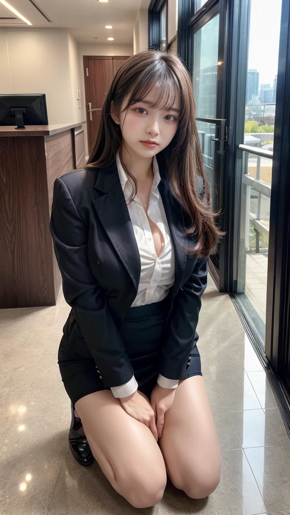 ((top-quality、8K、masterpiece:1.3))、1girl in、Beautiful woman kneeling in the house:1.3、long-haired、Colossal tits、Don't expose it,Protruding big, (Office Lady, ,Suit, Black Suit,Black jacket, white shirt:1.5, tight skirt)、Super delicate face、Delicat eyes、double eyelid、beautiful thick legs, perfect body shape, kneeling