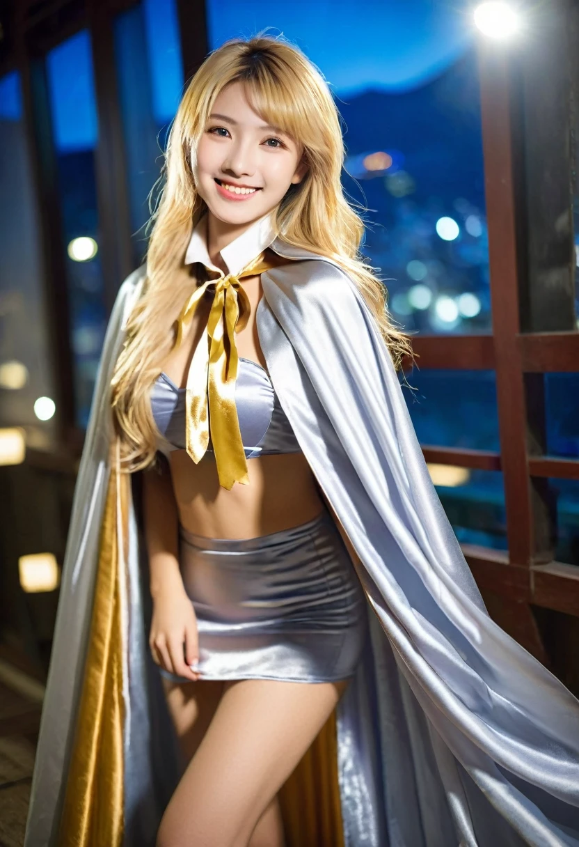 (RAW photo) , 1girl, Japanese , cute, 20 years old, long blonde hair , smiling, look at viewer, ((((silver and gold lined satin cape tied at the neck)))+++, side spilt skirt , photo, realistic, best quality, hires, detailed face, detailed background, diffused lighting, depth of field, bokeh